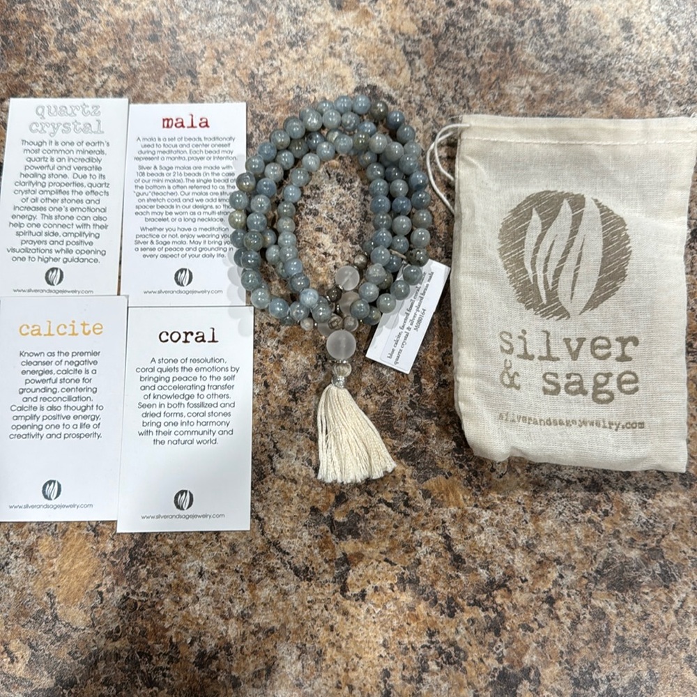 Silver and Sage mala necklace yoga blue calcite quartz crystal silver fossil